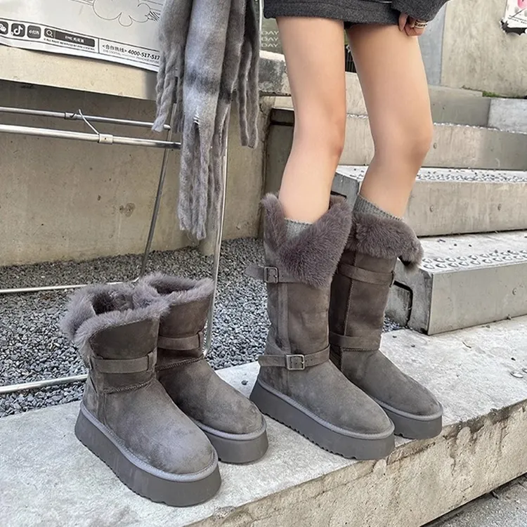 高筒灰色雪地靴女2025冬季新款厚底加绒加厚中长筒雪地棉靴子棉鞋