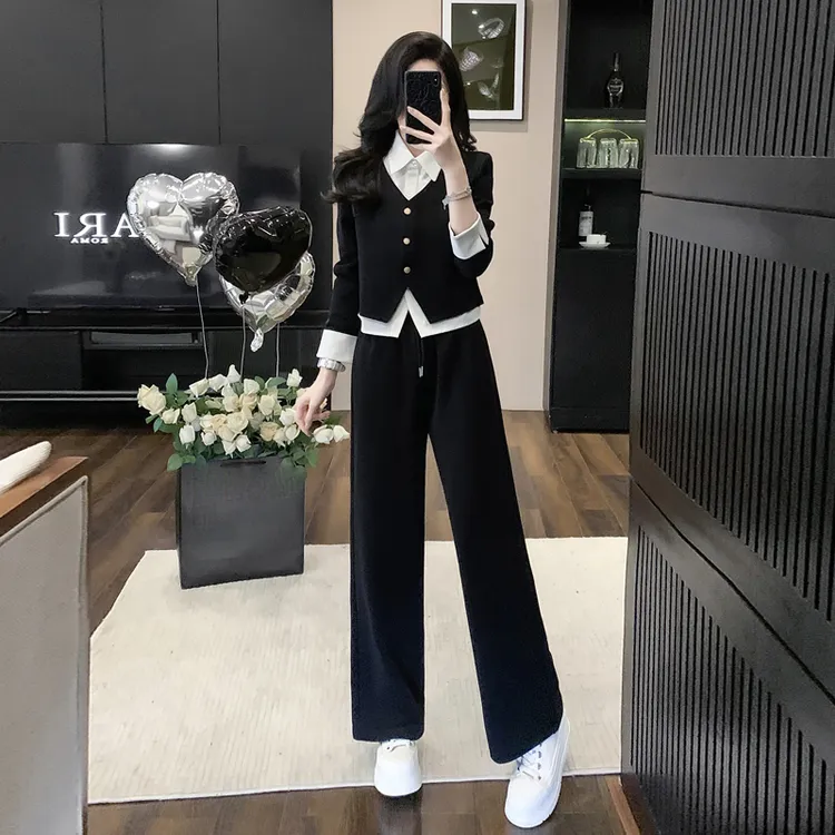 时尚休闲运动套装女春秋2025新款减龄显瘦小个子盐系穿搭假两件套