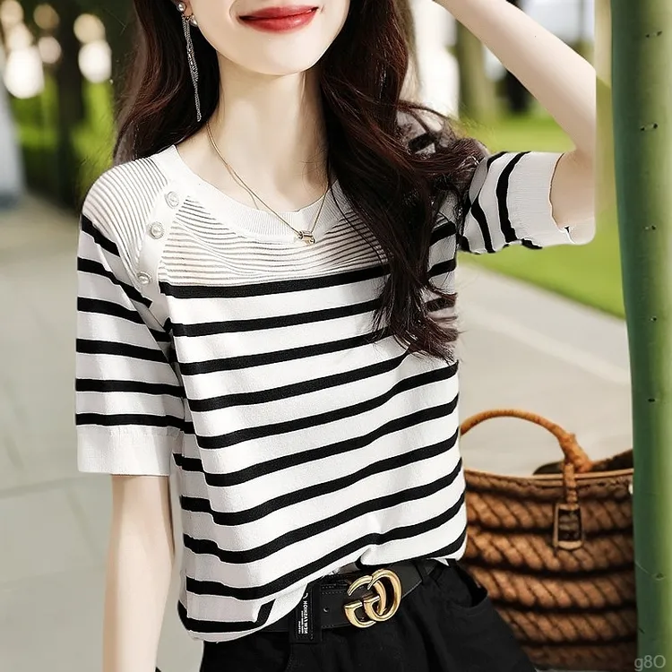 黑白条纹韩系设计感针织衫2025夏季慵懒风减龄冰丝弹力t恤上衣女