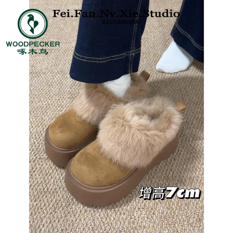 啄木鸟厚底雪地靴女冬季新款加绒保暖毛毛棉鞋一脚蹬勃肯包头拖鞋