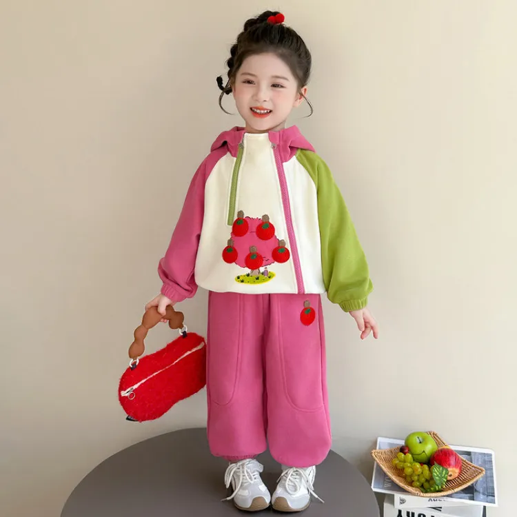 女童卡通拼色连帽卫衣套装秋季2025新款儿童休闲运动两件炸街秋装