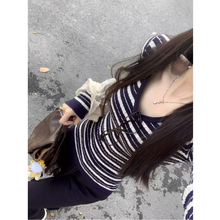 蓝白条纹V领针织衫女2025春秋新款美式复古修身显瘦短款套头上衣