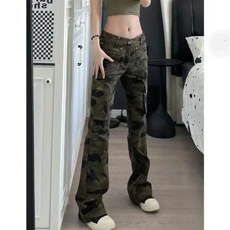 美式复古迷彩工装牛仔裤男女2025春季新款多口袋低腰修身显瘦微喇