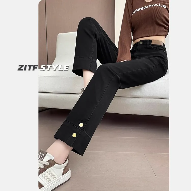 牛仔烟管裤女2025年秋季新款小个子法棍裤高腰窄版显瘦拼接直筒裤