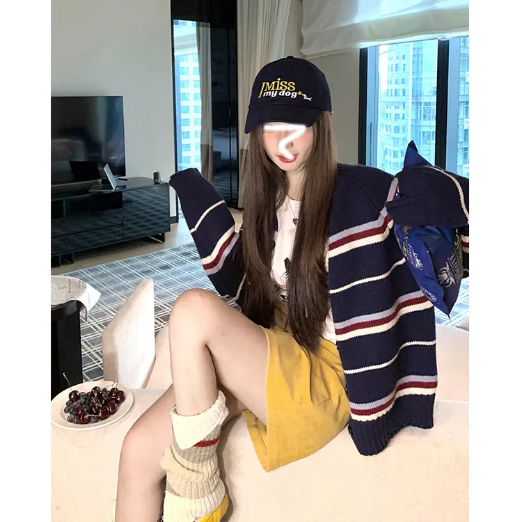 Two Million/条纹书呆子 针织开衫女韩撞色条纹百搭外穿毛衣外套