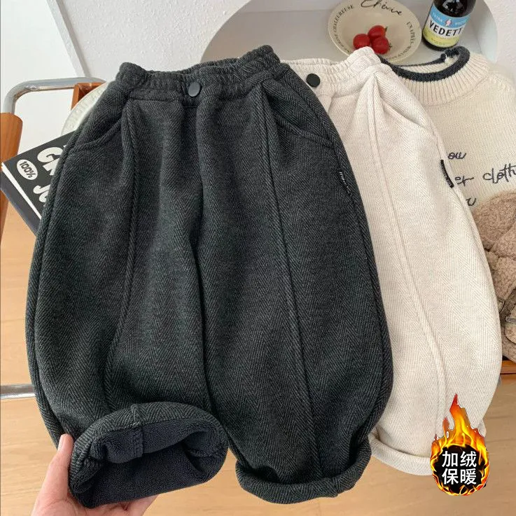 男童时尚加绒裤子秋冬装2025新款中小童英伦风休闲一体绒洋气长裤