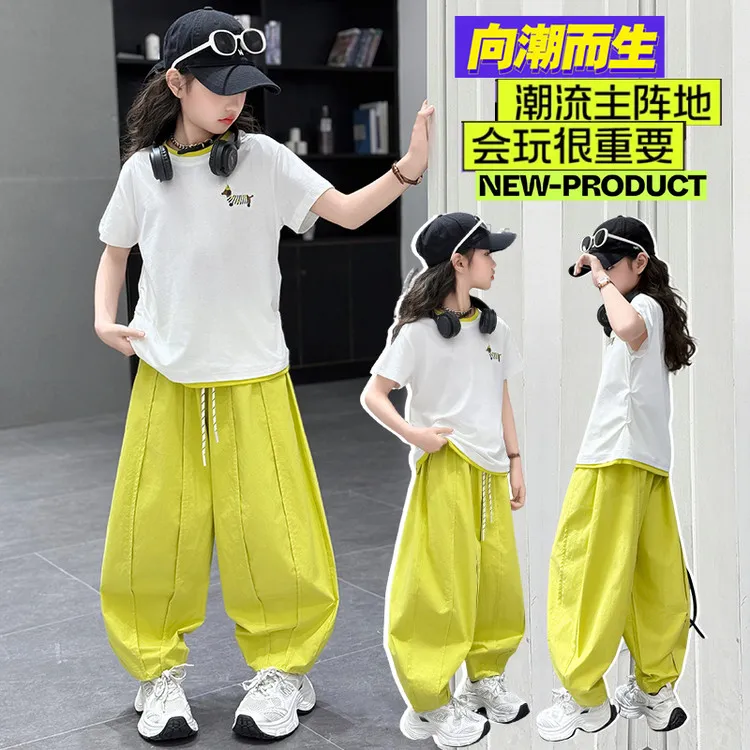 儿童运动套装夏季薄款大童短袖t恤休闲阔腿裤两件套女童网红洋气