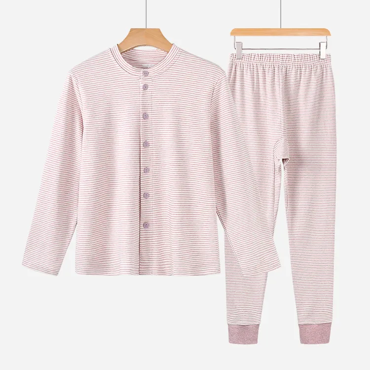 中老年开衫纯棉秋衣女士长袖秋冬打底宽松套装女条纹家居服套装