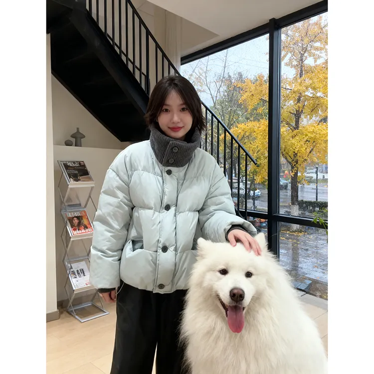 韩版撞色设计感针织拼接立领棉服外套女冬季加厚保暖小个子面包服