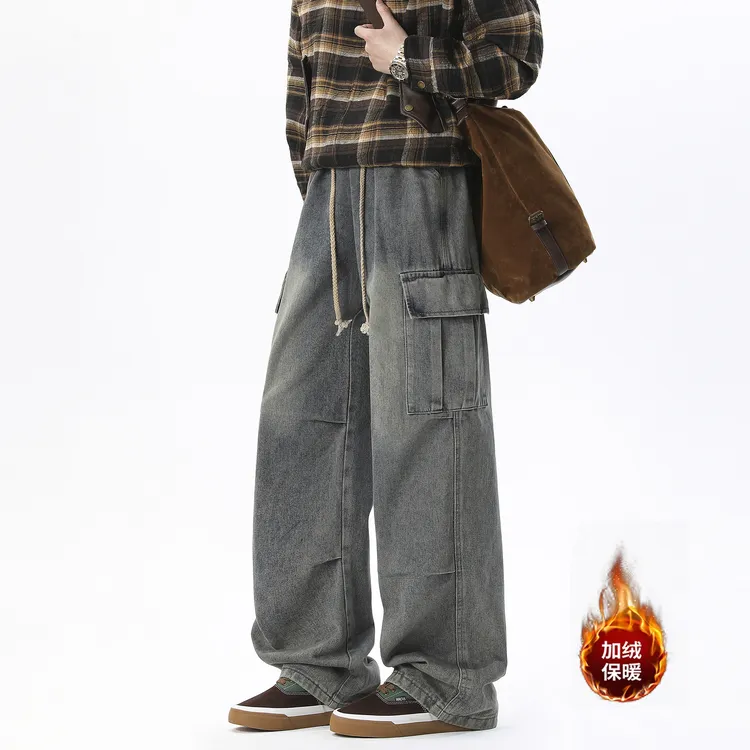 牛仔裤男款系绳松紧腰加绒加厚宽松直筒阔腿多口袋工装裤子高级感