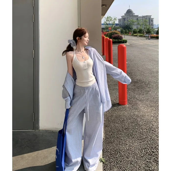 复古格子polo领长袖衬衫外套上衣女夏季套装绑带休闲阔腿裤两件套