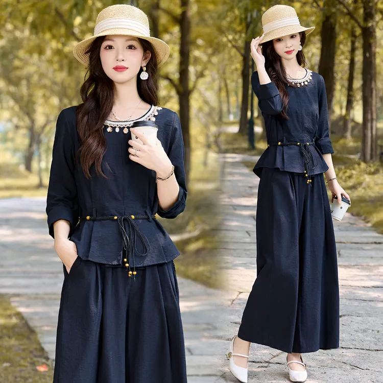 韩系气质贝壳领套装女2025年春秋新款设计感系带收腰阔腿裤两件套