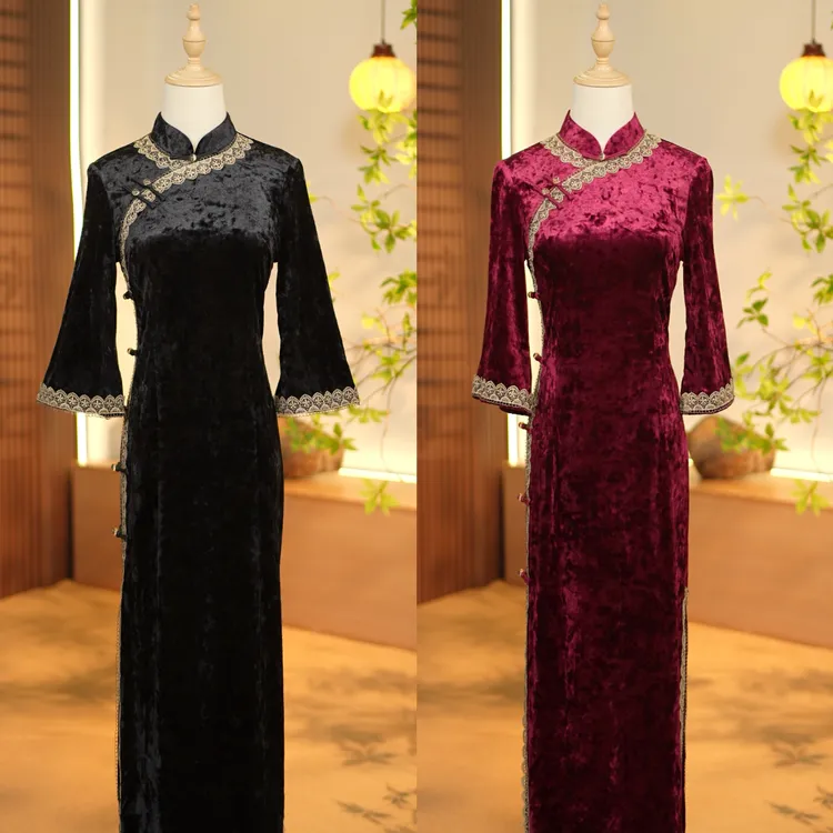 【心懂旗袍—静馨】秋冬纯色黑色倒大袖修身显瘦喜妈妈旗袍裙衣长128