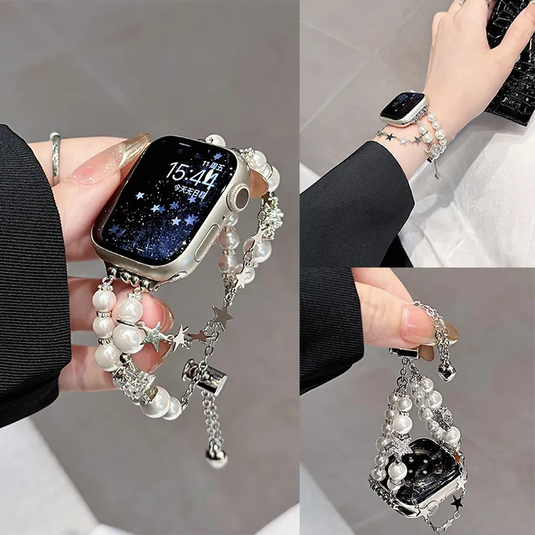 适用苹果手表 iwatchsS10表带高级7夏S9珍珠星星SE金属S8手链女款