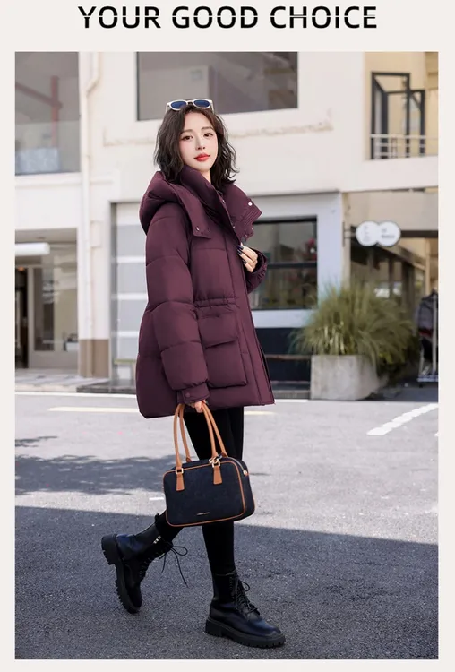 2025新款冬季女中长款连帽收腰时尚加厚韩版外套收腰显瘦棉服2925