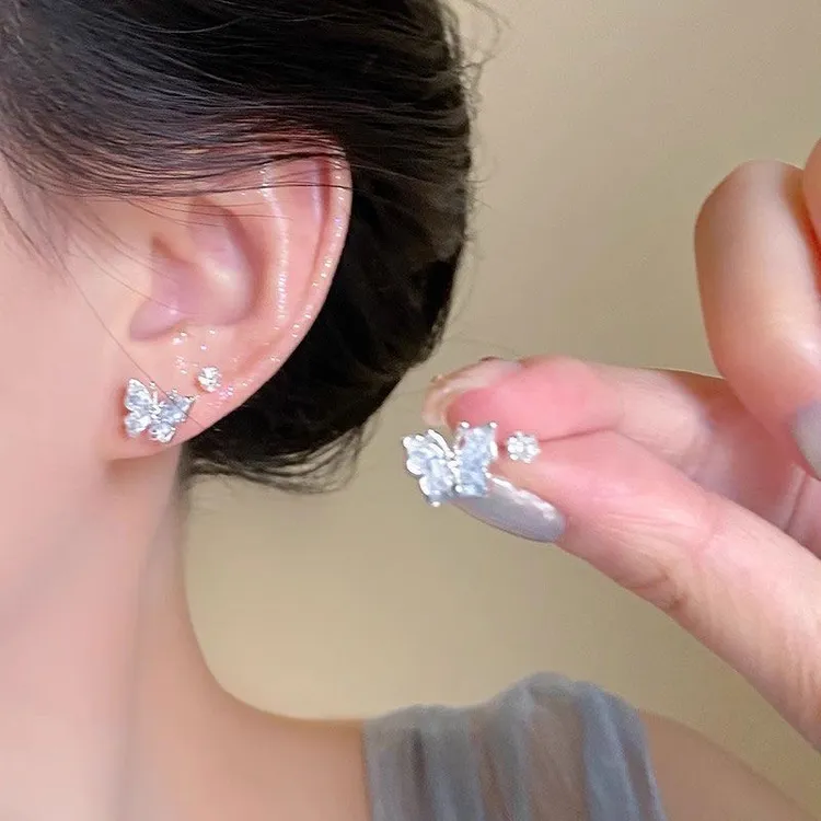 简约气质蝴蝶四件套耳钉2025新款爆款高级感锆石耳环耳饰耳骨钉