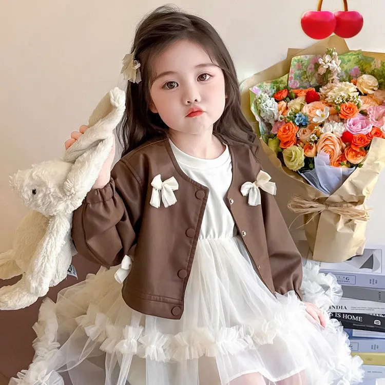 女童秋季新网纱蓬蓬连衣裙蝴蝶结皮衣两件套2025儿童时髦中小童款