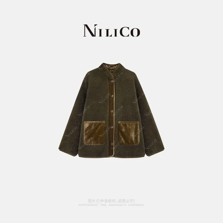 NILICO【泰迪熊】简约百搭拼接廓形大口袋羊羔毛外套