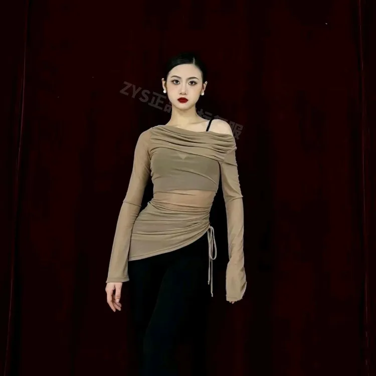 CL拉丁舞练功服女新款跳舞衣国标舞网纱喇叭袖露肩连体裙舞蹈服