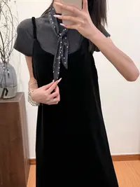 秋季新款显瘦丝绒连衣裙套装吊带裙+针织内搭两件套
