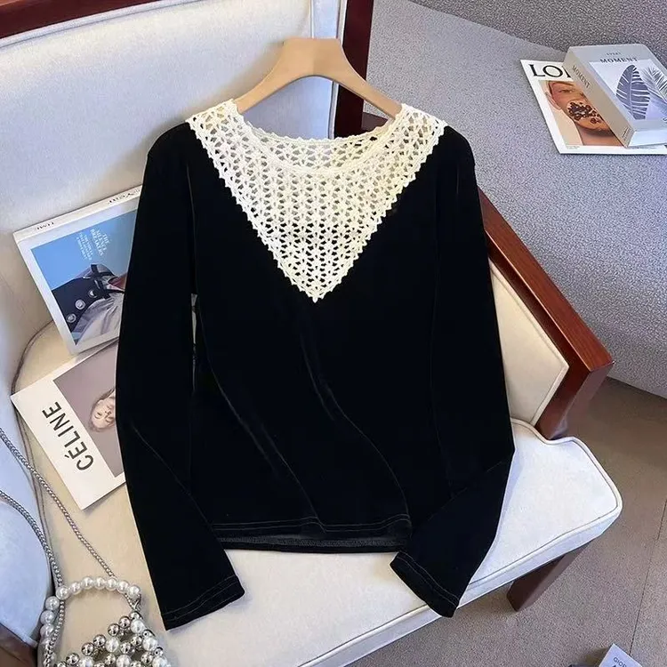 8921（丹姐家）秋季新款镂空设计撞色拼接弹力显瘦气质洋气T恤衫