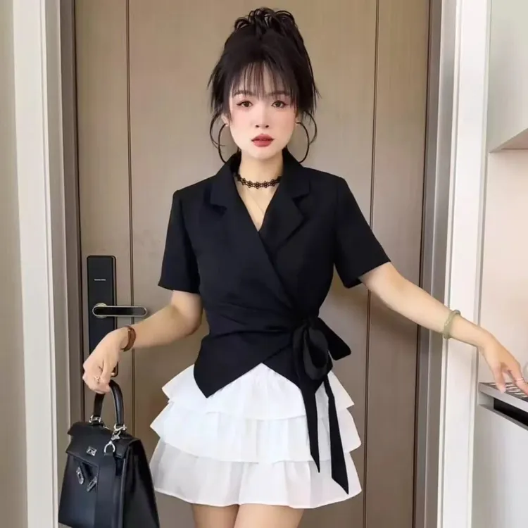 夏季新款时尚百搭气质简约小个子高级感纯欲风西装外套半身裙套装