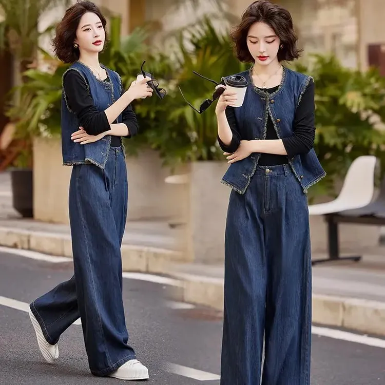 C177+C178+C179休闲港风复古牛仔套装毛边背心宽松阔腿裤三件套