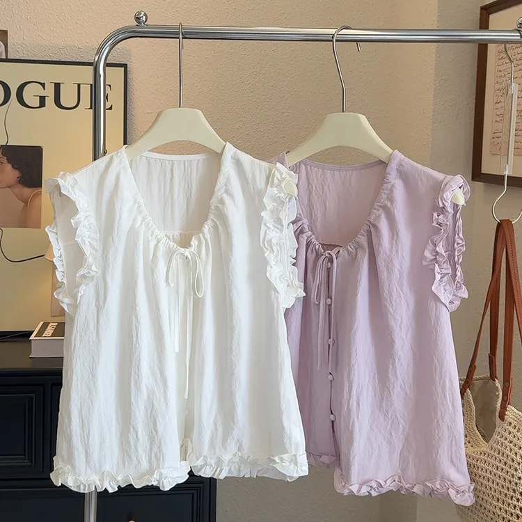 小飞袖衬衫女夏季甜美新款法式木耳边抽绳设计感宽松外穿洋气上衣