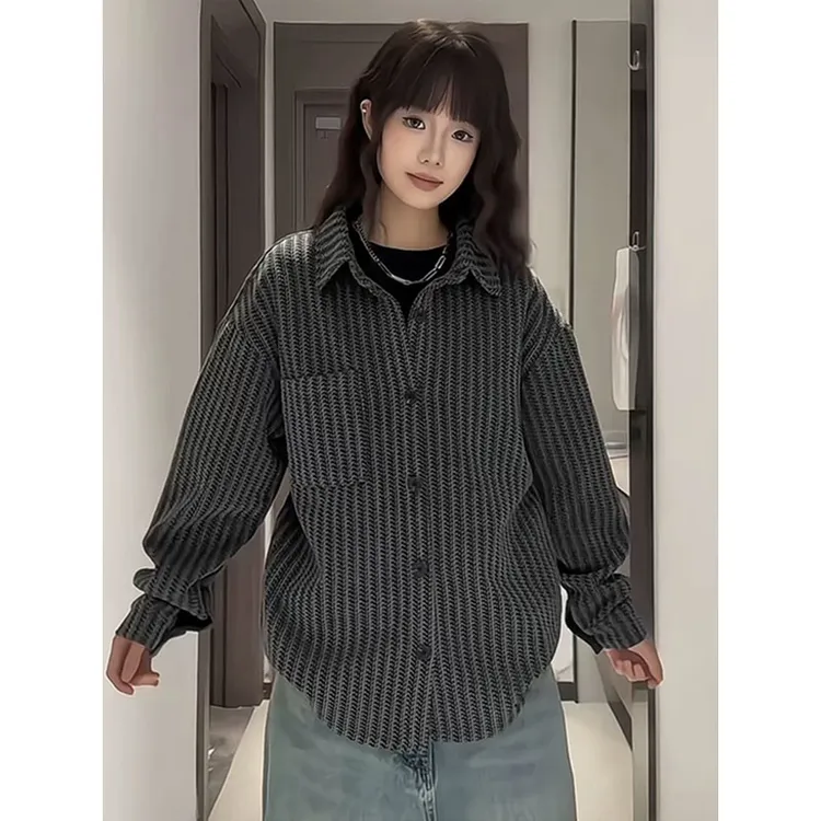 鱼骨纹针织衬衫男秋小香风重磅长袖外套cleanfit美式痞帅叠穿夹克