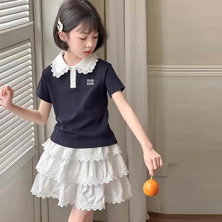 女童夏装套装2025新款洋气儿童夏季短袖上衣大童女孩蛋糕裙两件套