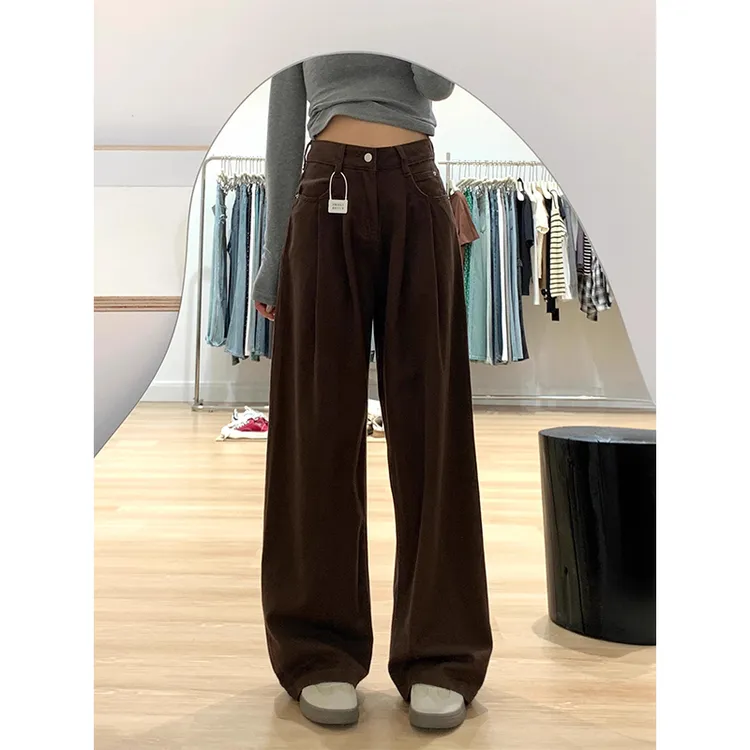 韩系复古深咖色阔腿牛仔裤女2025夏季新款设计感高腰宽松阔腿长裤