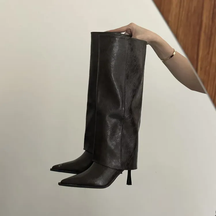 不过膝~高筒骑士靴女复古棕色长靴显瘦高跟裤管靴辣妹尖头皮靴