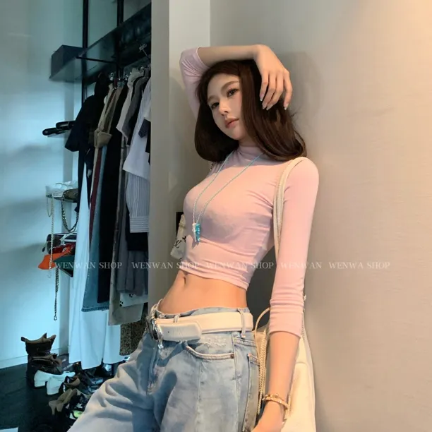 【baby pink】韩系简约粉色半高领长袖T恤修身纯色显瘦上衣