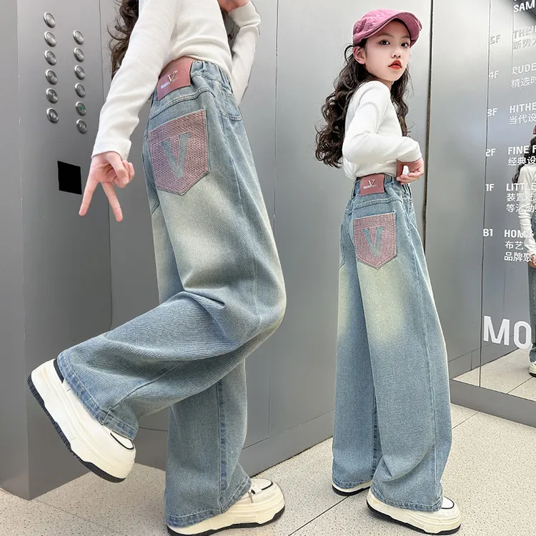 女童牛仔裤春秋2025新款儿童秋季百搭中大童阔腿女孩直筒牛仔裤子