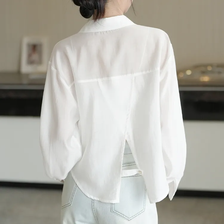 白色长袖防晒衬衫女2025夏季新款后开叉宽松显瘦薄款透气衬衣上衣