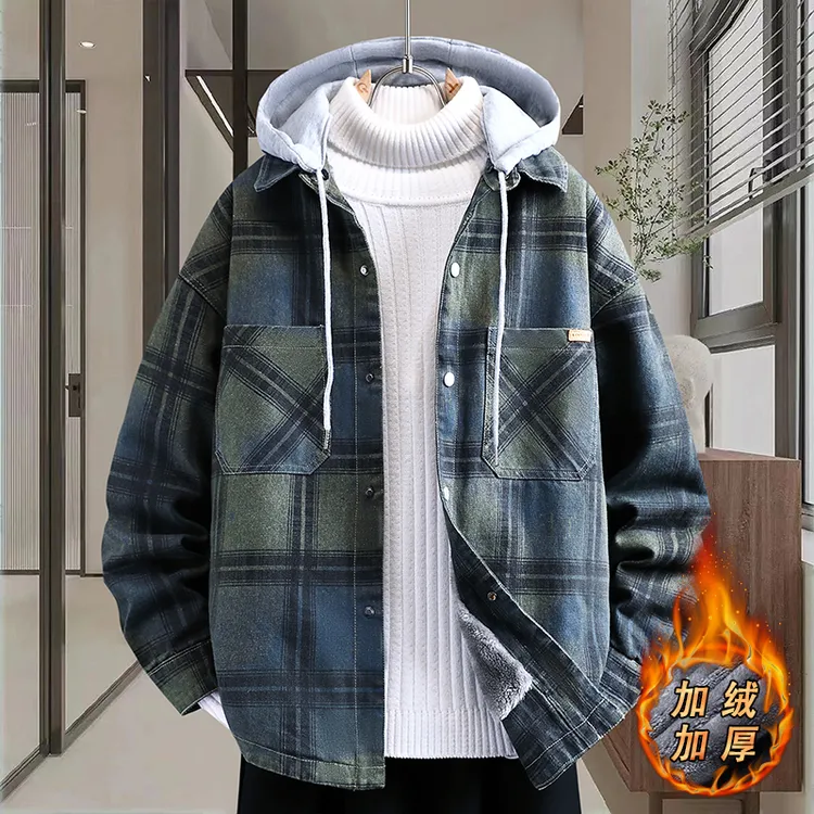 青少年学生秋冬季新款男生潮流宽松长袖休闲加绒加厚格子牛仔衬衫