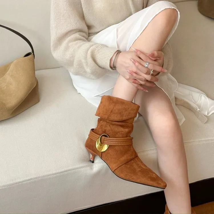 磨砂绒面废土风复古尖头时装靴西部女靴两穿靴秋冬短筒褶皱瘦瘦靴