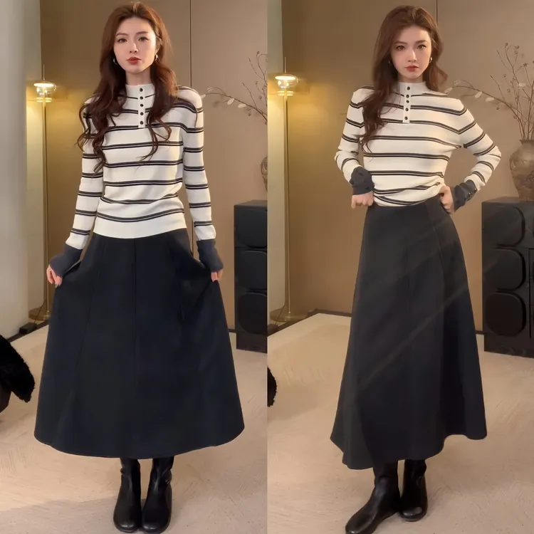 2025秋冬新款出游穿搭时尚洋气百搭针织上衣休闲气质半身裙套装女