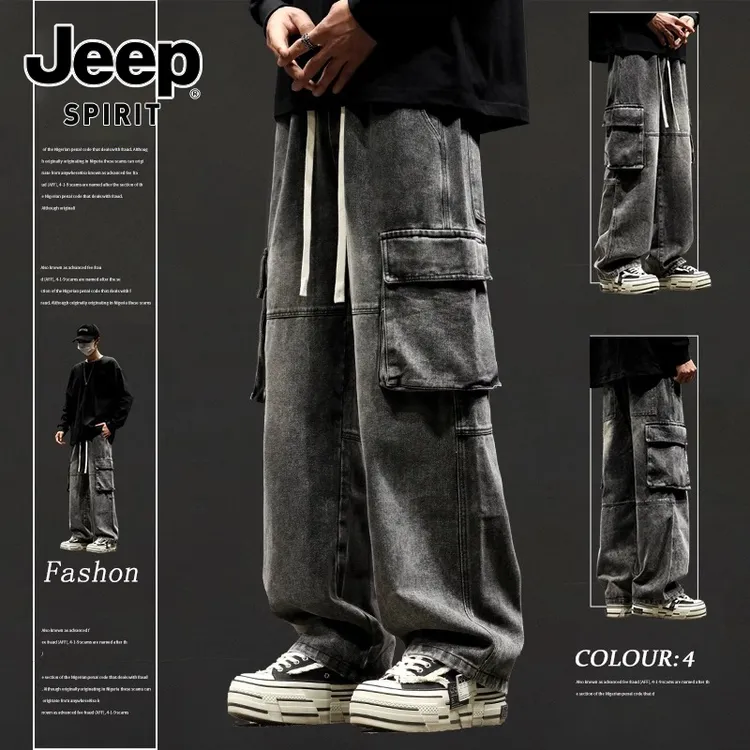 JEEPSPIRIT吉普潮牌直筒男士牛仔裤2025新款美式宽松阔腿帅气裤子