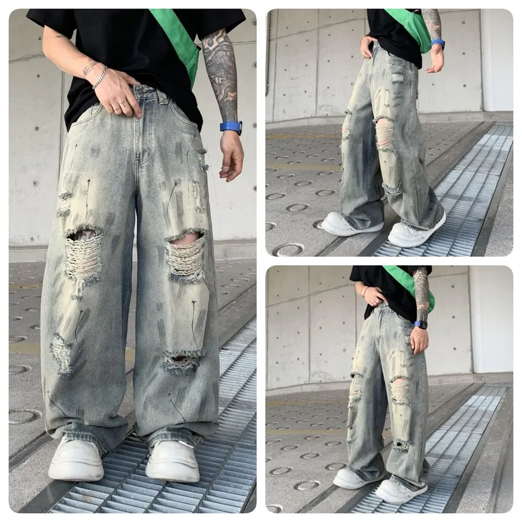 美式复古做旧破洞牛仔裤男美式高街痞帅泼漆阔腿裤宽松直筒阔腿裤