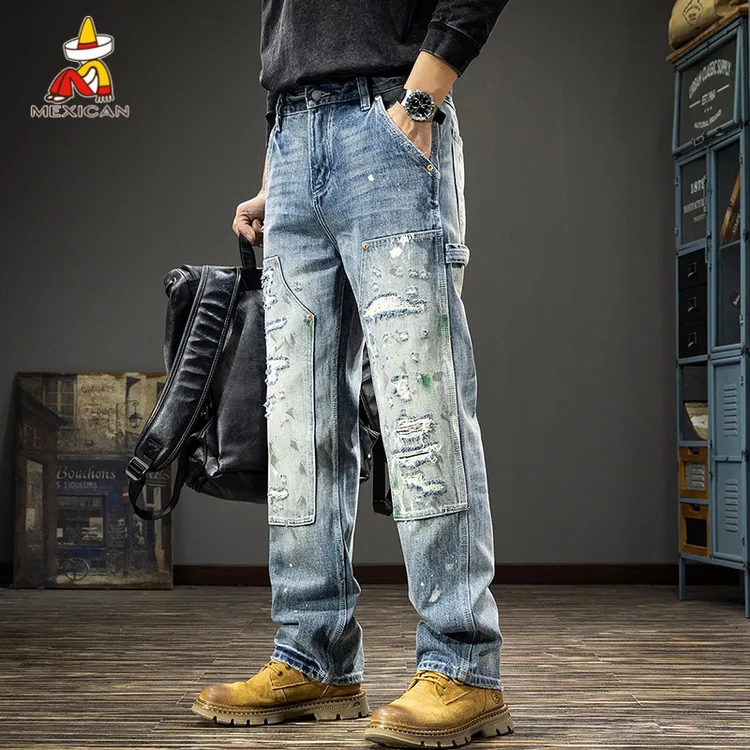 Mexican/稻草人秋季破洞直筒牛仔裤男款美式休闲宽松大码百搭裤子