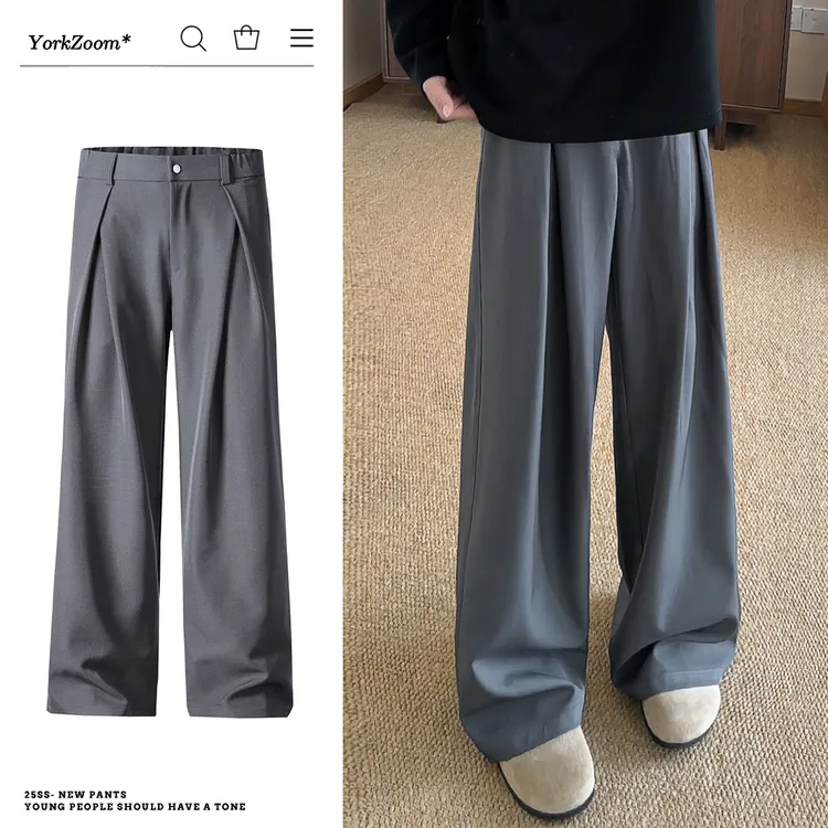 York Zoom阔腿褶皱西裤男士痞帅慵懒风秋季新款百搭显瘦休闲裤