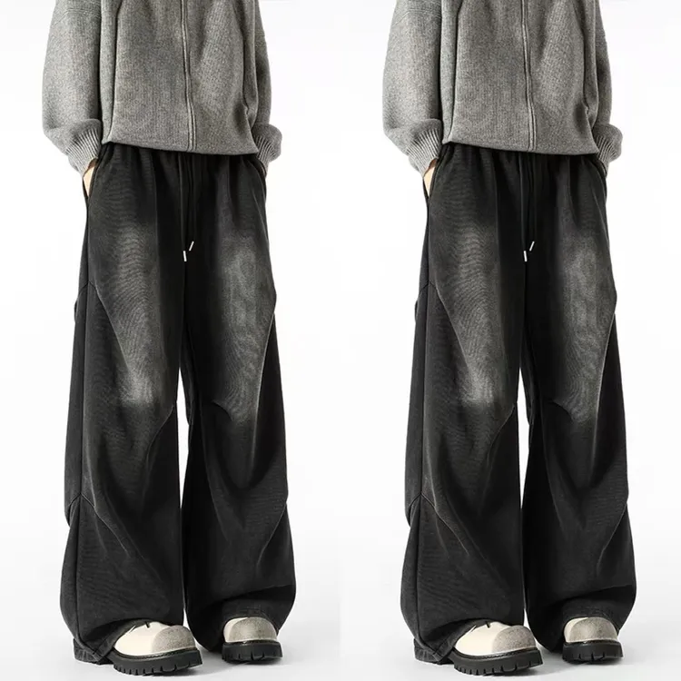 裤子男款美式水洗重磅阔腿褶皱拖地宽松工装裤男生黑色休闲厚卫裤