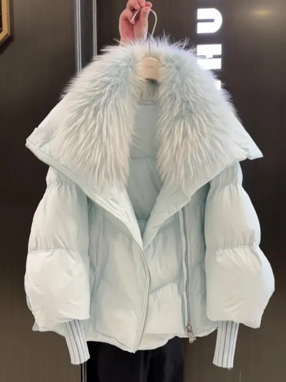 蓝色毛毛大翻领加厚棉服女2025冬季韩系高级设计感保暖面包服外套