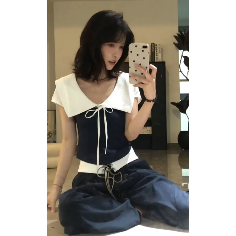 MARIE.COCO韩版杂志风藏蓝色拼接海军领显瘦上衣时尚休闲长裤套装