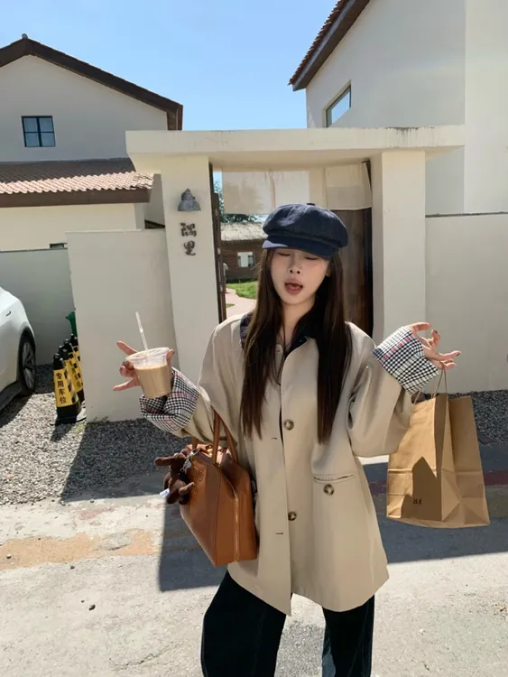 宅宅athome//温蒂日记 韩系复古撞色翻领风衣秋季气质中长款外套
