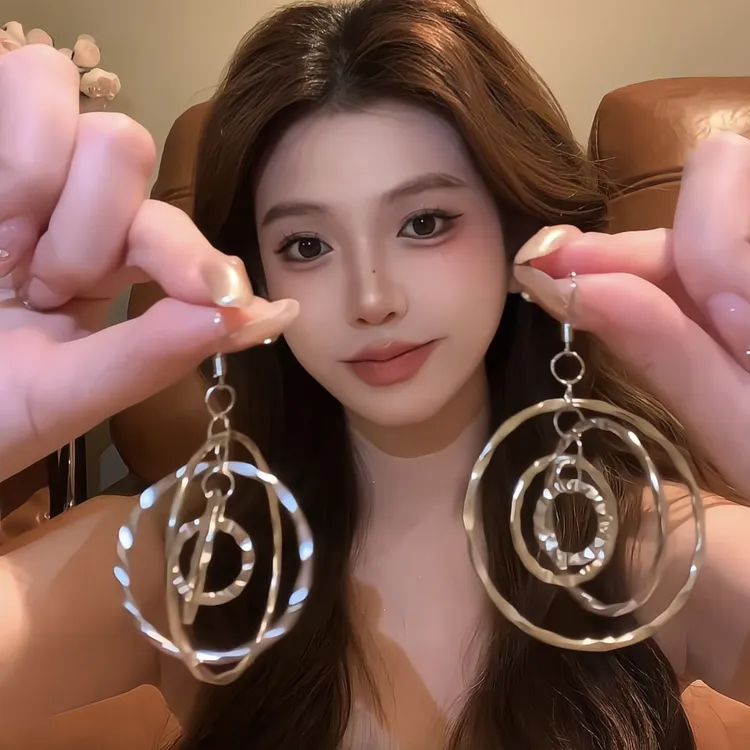 铜合金耳饰 时尚清冷感锤纹多层星轨耳圈个性冷淡风耳饰