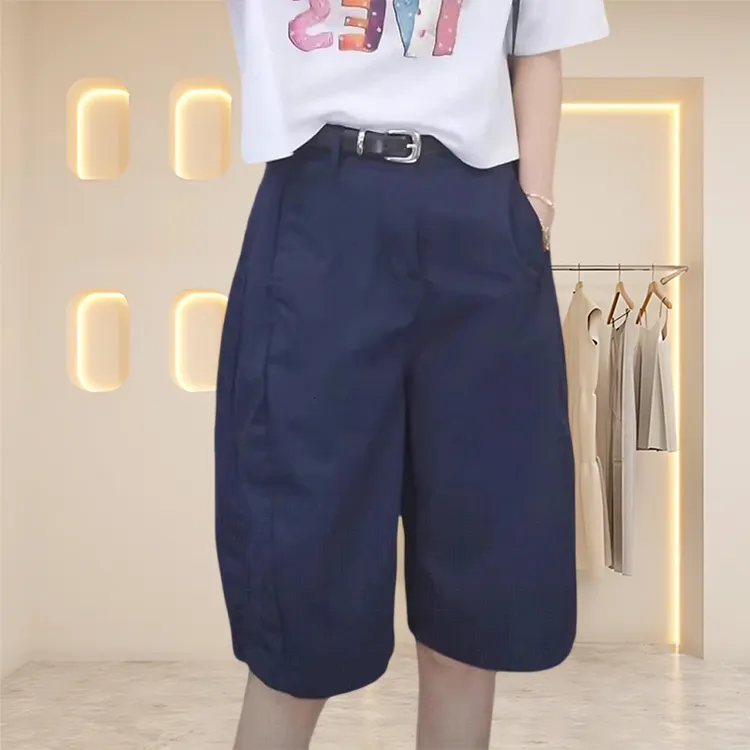 简约时尚休闲百搭藏青色阔腿短裤女2025夏新款高腰显瘦减龄五分裤