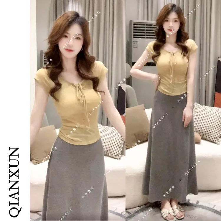 千寻家  系带领口设计感正肩短袖+灰色气质包臀半身裙女