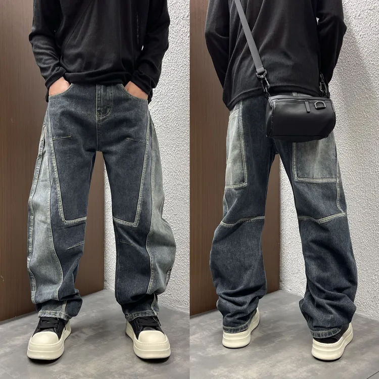 秋冬新款美式潮流拼接弯刀牛仔裤水洗做旧宽松直筒垂感百搭阔腿裤